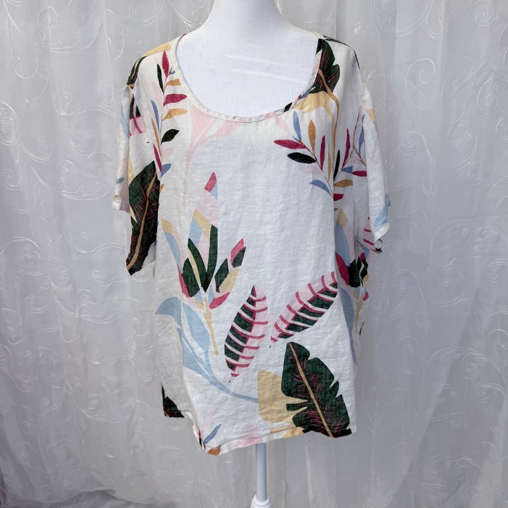 Cynthia Rowley 100% Linen Tropical Leaf Print Top White Multi 3X Plus Size
